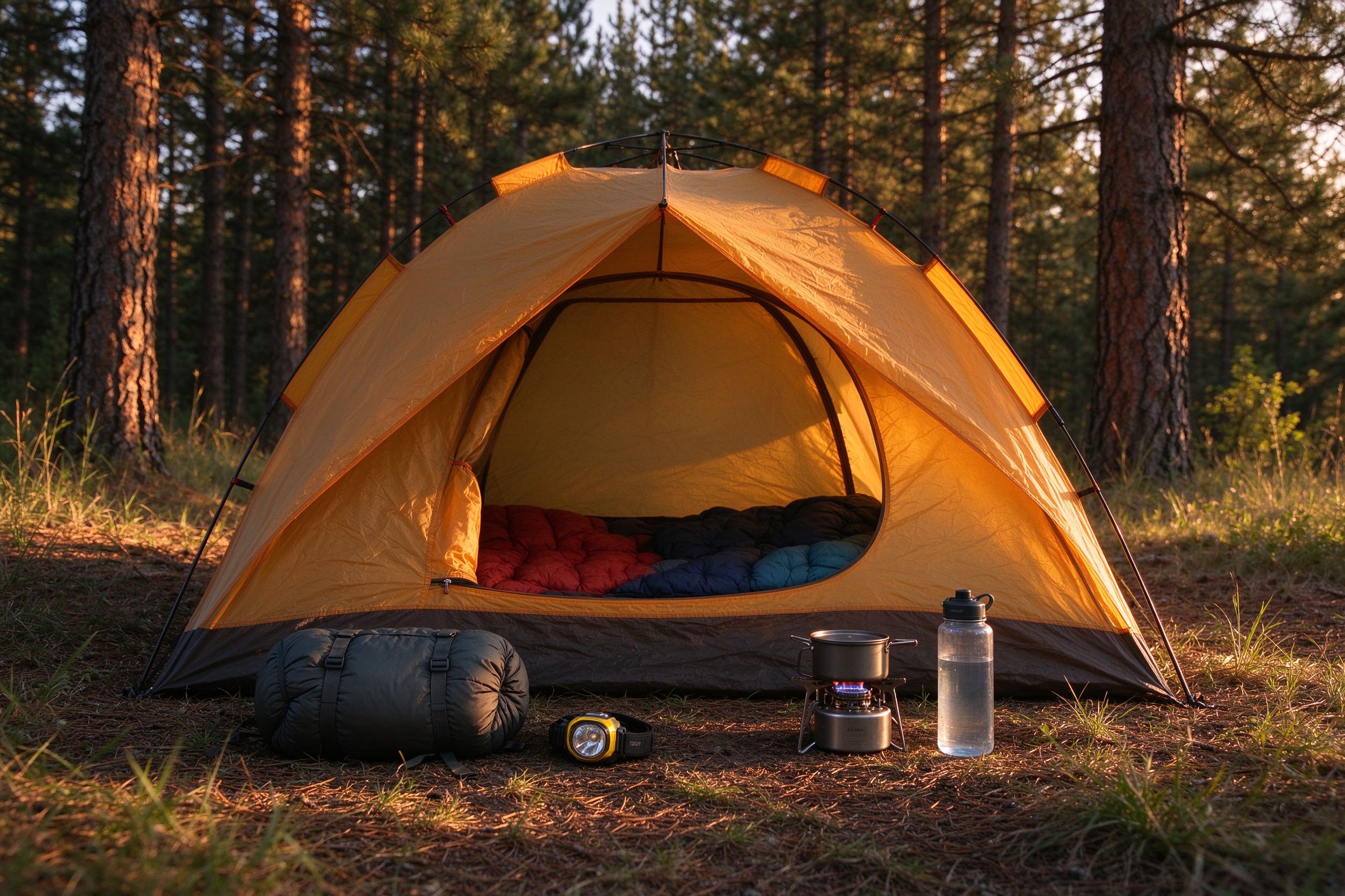 Camping tent in the forest at golden hour