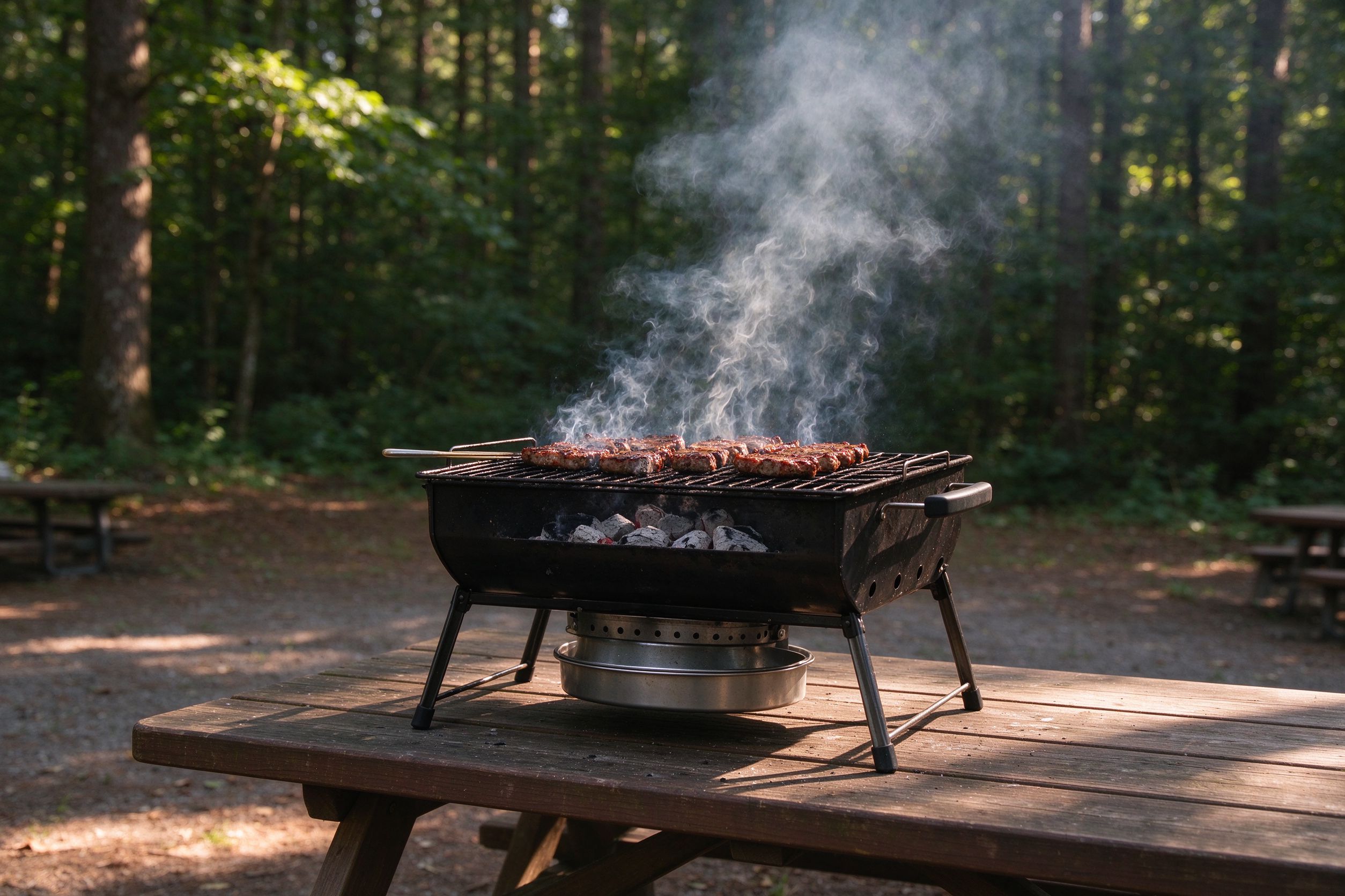 Portable charcoal grill at a campsite